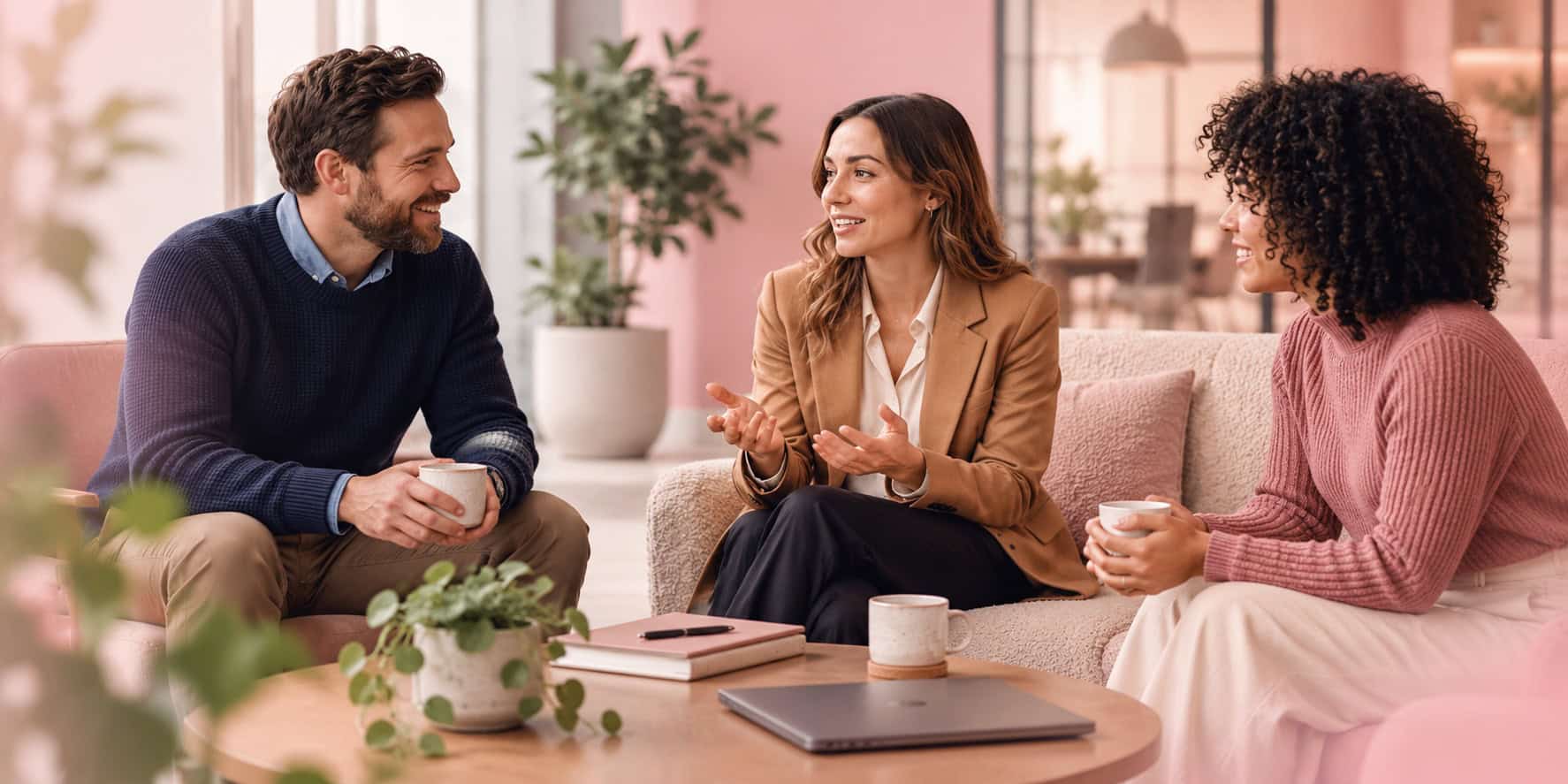 Three professionals discussing a website project in an office lounge with a soft pink gradient