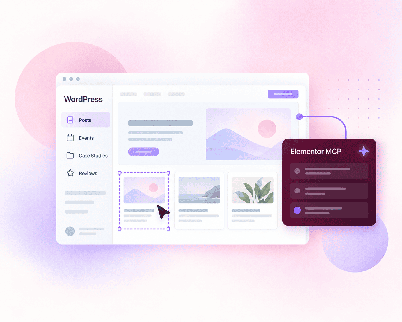 Illustration of WordPress content types and visual website editing connected to Elementor MCP